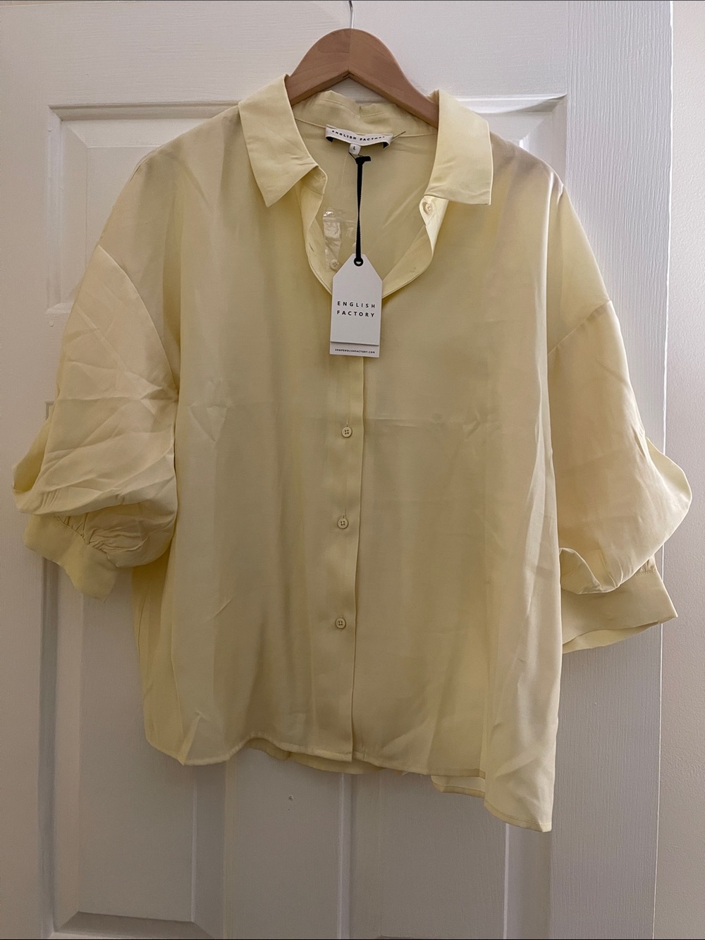 English Factory Butter Yellow Puff-Sleeve Button-Front Blouse